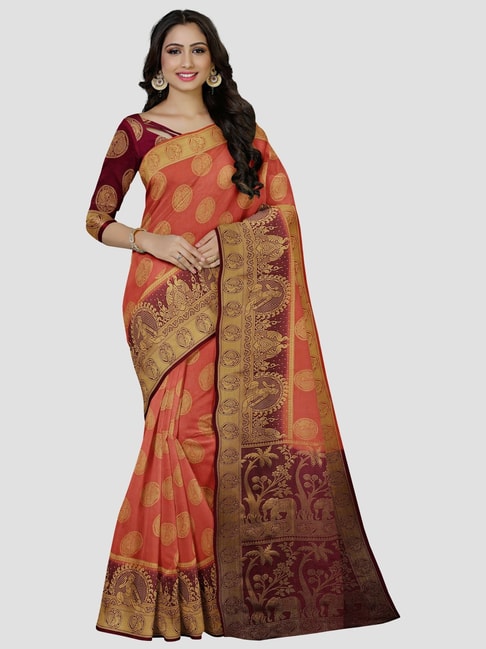 Mimosa Peach Woven Saree With Unstitched Blouse Price in India