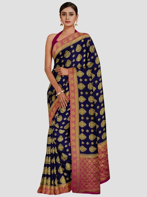 Mimosa Navy Woven Saree With Unstitched Blouse Price in India