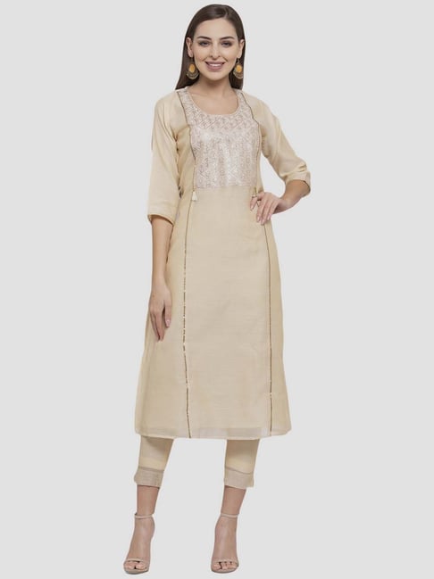 Aujjessa Beige Embroidered Kurta Pant Set