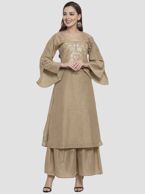 Aujjessa Beige Embroidered Kurta Sharara Set