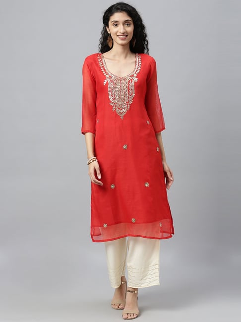 Buy KSUT Red Printed Straight Kurta for Women Online @ Tata CLiQ