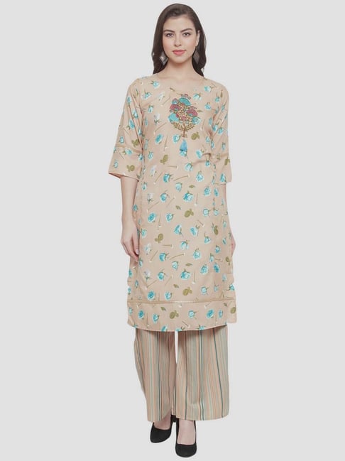 Aujjessa Beige Embroidered Kurta Pant Set