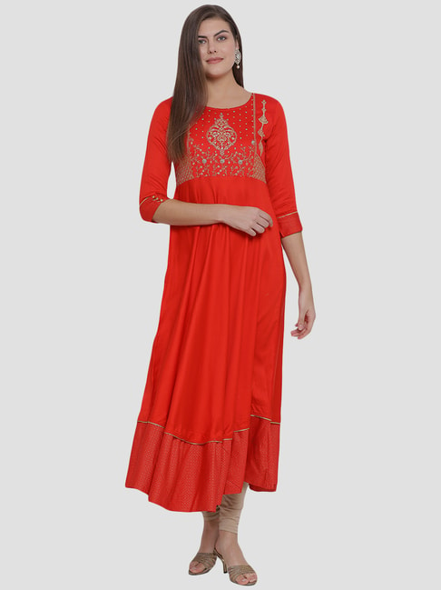 Span Red Embroidered A Line Kurta Price in India