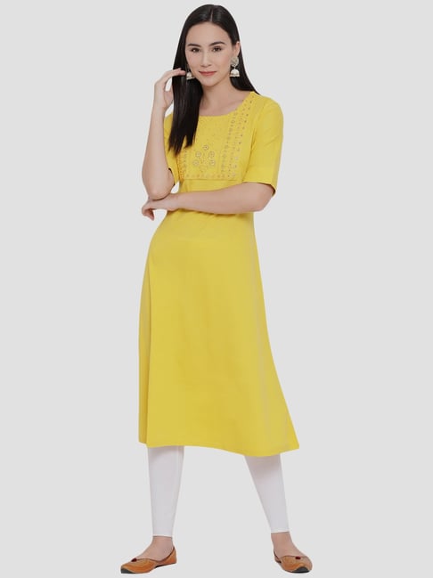 Span Yellow Cotton Embroidered A Line Kurta