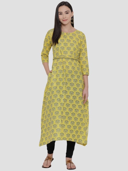 Span Yellow Cotton Printed Straight Kurta