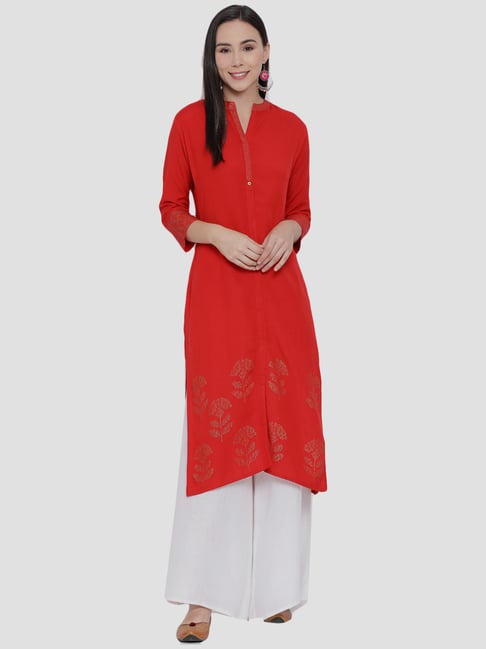 Span Red Cotton Printed Straight Kurta