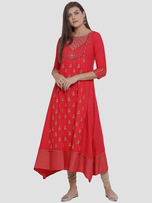 Span Pink Cotton Embroidered High Low Kurta Price in India