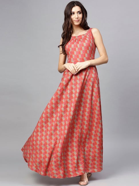 Aks Red Printed Maxi Dress