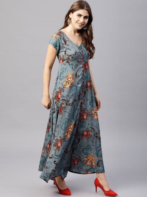 Aks Grey Floral Print Maxi Dress Price in India