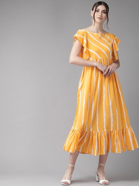 Aks Mustard Cotton Striped A-Line Dress Price in India