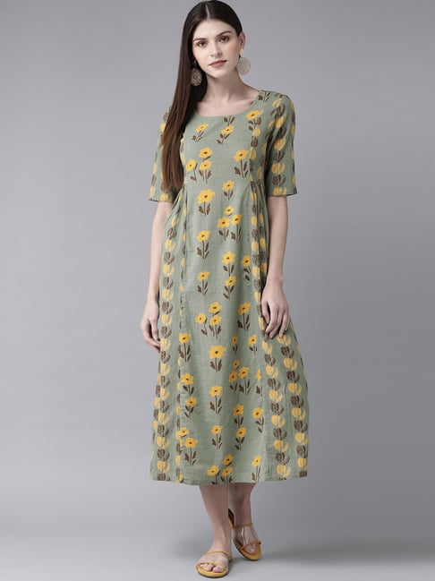 Aks Green Cotton Floral Print A-Line Dress Price in India