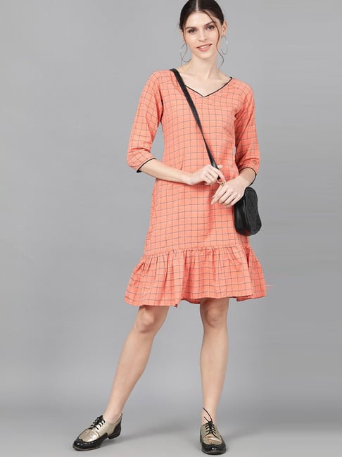 Aks Peach Cotton Chequered A-Line Dress Price in India