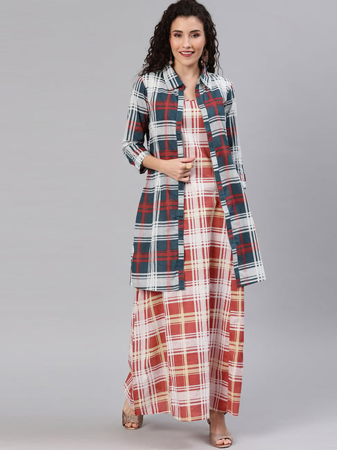 Aks Red Cotton Plaid Pattern Maxi With Shirt Price in India