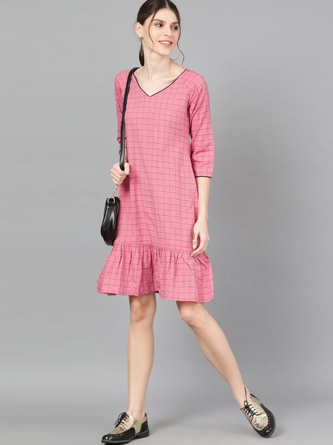 Aks Pink Cotton Chequered A-Line Dress Price in India