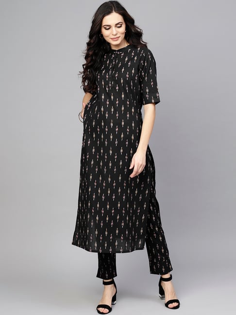 Aks Black Cotton Printed Kurta Pant Set