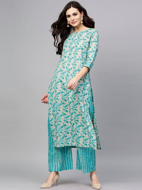 Aks Blue Cotton Printed Kurta Pant Set 