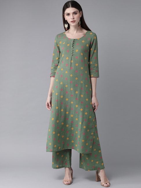 Aks Green Cotton Printed Kurta Pant Set Price in India