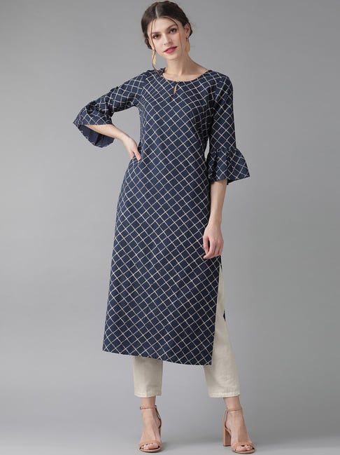 Aks Navy Cotton Chequered Straight Kurta Price in India