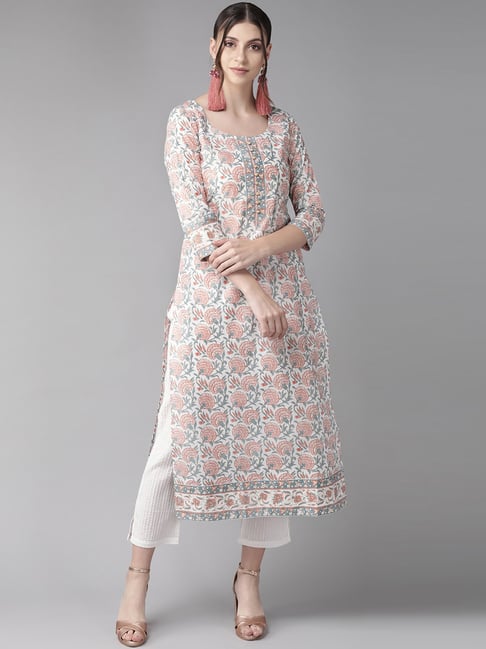 Aks White Cotton Printed Straight Kurta 