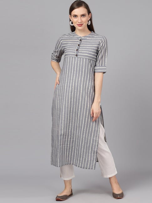 Aks Grey Cotton Striped Straight Kurta