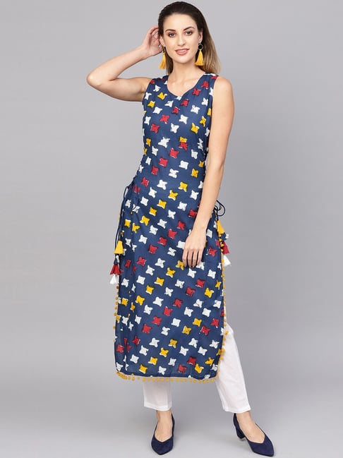 Aks Indigo Blue Cotton Printed Straight Kurta