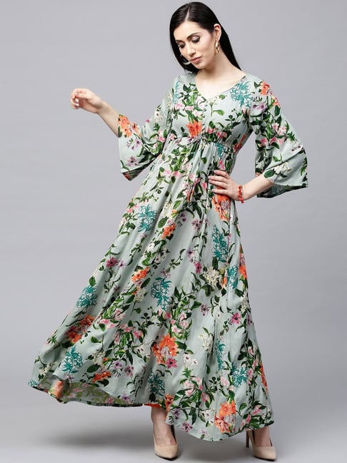 Aks Green Floral Print Anarkali Kurta Price in India