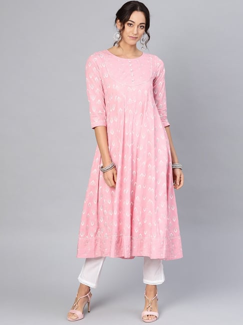 Aks Pink Cotton Printed Anarkali Kurta