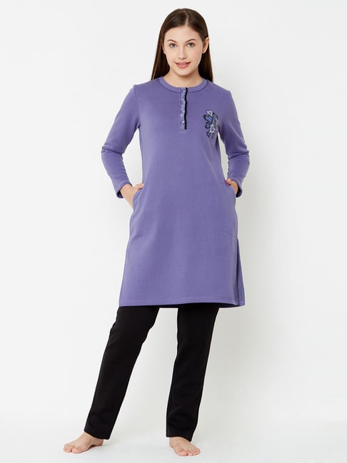 Buy Sweet Dreams Lavender Black Printed Kurta With Pyjama Set - Main Image