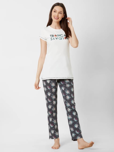 Sweet Dreams White & Grey Printed Top With Pyjama Set