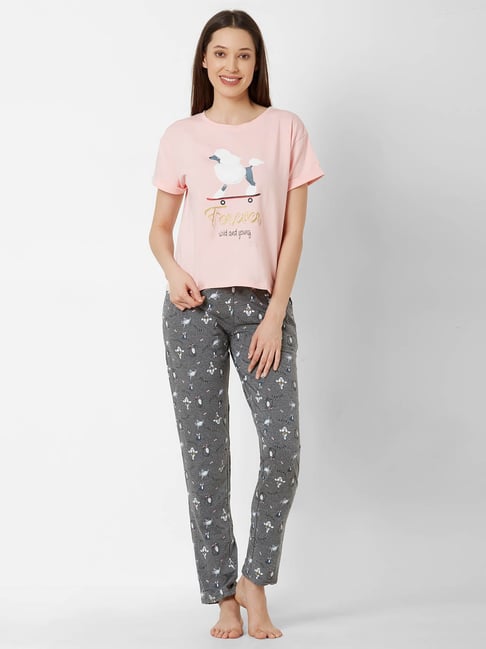 Sweet Dreams Pink & Grey Printed Top With Pyjama Set