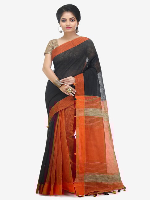 Bengal Handloom Black & Orange Art Silk Sarees-picture-48
