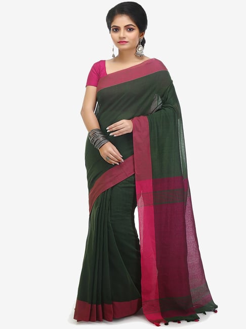 Bengal Handloom Green & Pink Pure Cotton Sarees-picture-16