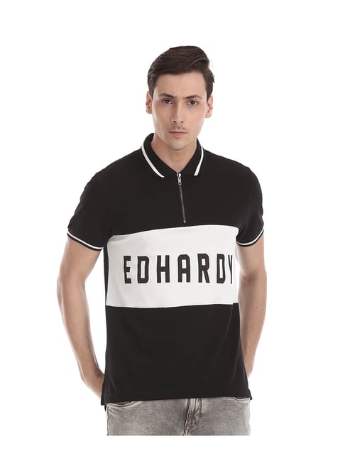 Ed Hardy Black & White Printed Polo T-Shirt