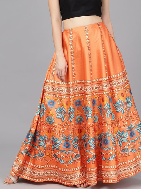 Aks Orange Silk Printed Circular Skirt Price in India
