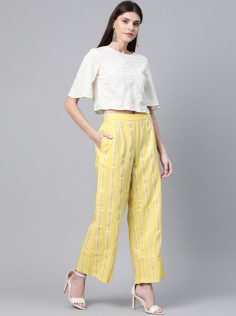 Buy Aks Yellow Cotton Striped Pants for Women Online @ Tata CLiQ