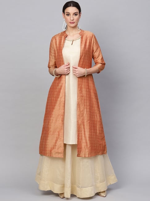 Aks Peach Chequered Ethnic Jacket