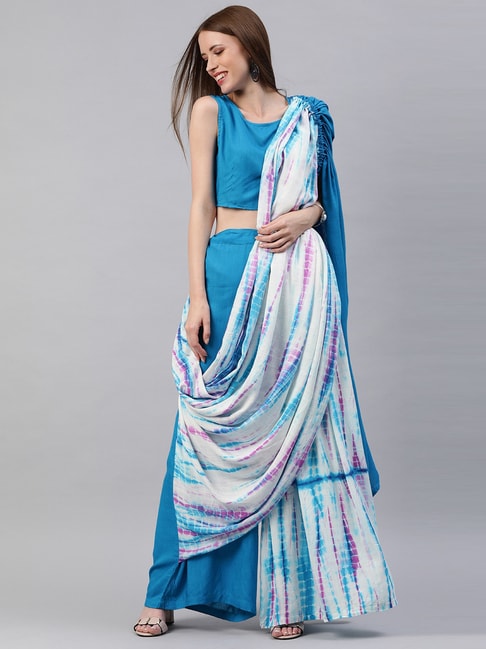 Aks Blue Printed Ready to Wear Saree With Blouse Price in India