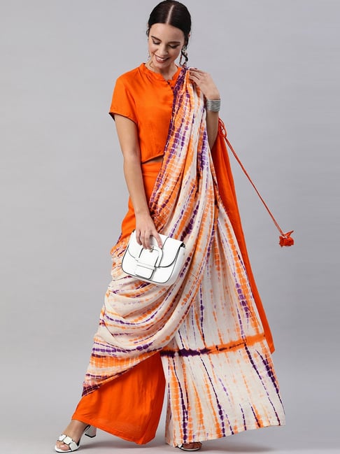 Aks Orange Printed Ready to Wear Saree With Blouse Price in India
