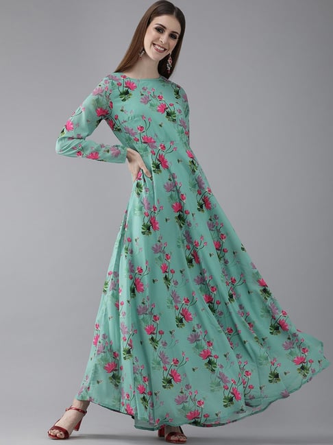 Aks Sea Green Cotton Floral Print Maxi Dress Price in India