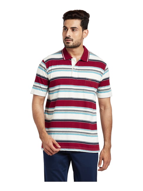 maroon and white striped polo