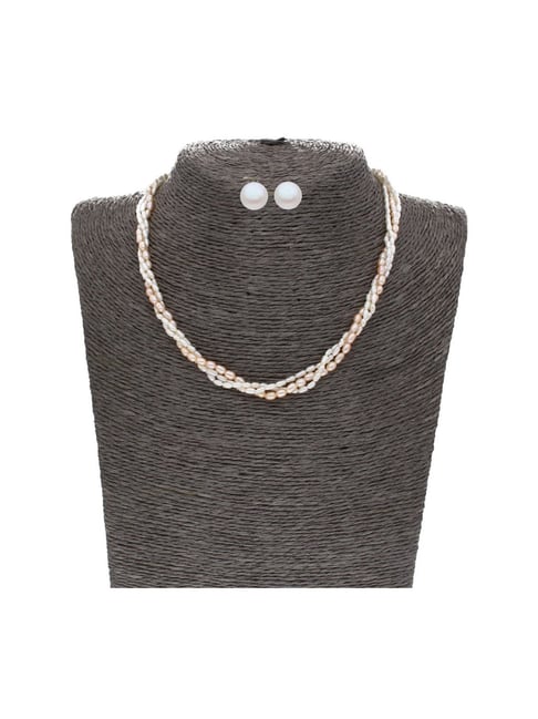 Sri Jagdamba Pearls 3 Line Pearl White & Peach Alloy Necklace Set-image-16