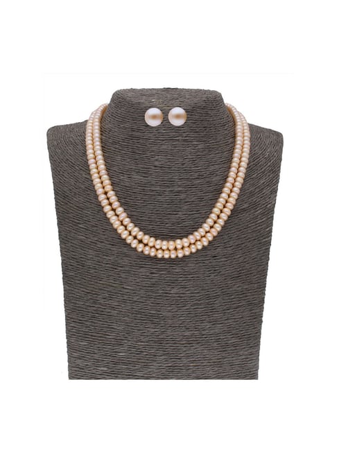 Sri Jagdamba Pearls 2 Line Peach Alloy Necklace Set-image-12