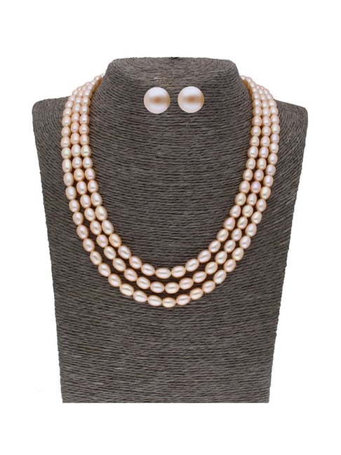 Sri Jagdamba Pearls 3 Line Peach Alloy Necklace Set-image-14