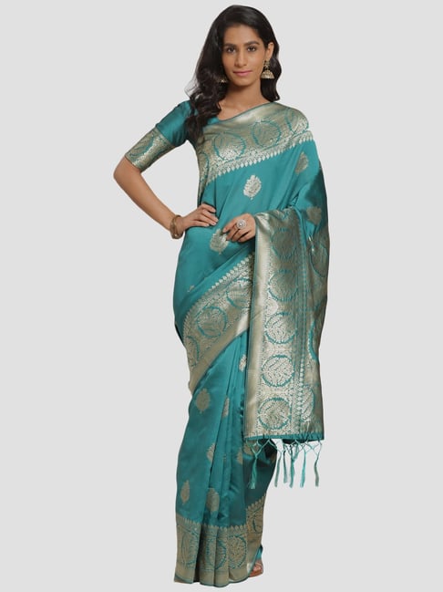 Saree Mall Teal Green Zari Saree With Unstitched Blouse Price in India