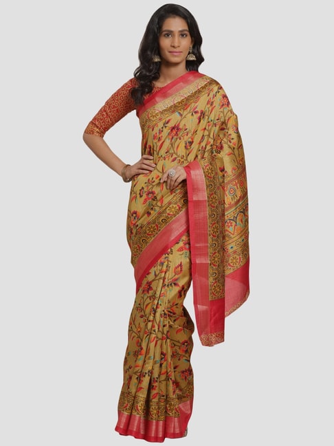 Saree Mall Yellow Floral Saree With Unstitched Blouse Price in India