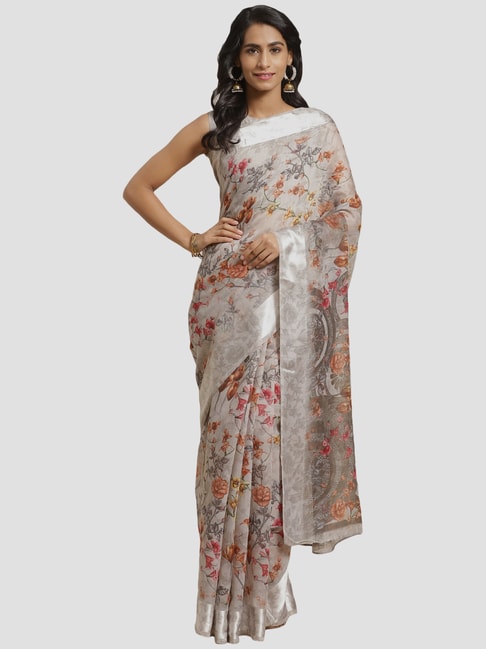 Saree Mall Grey Floral Saree With Unstitched Blouse Price in India