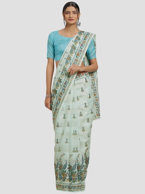 Green semi-soft silk saree with stripes & zari buttas, contrast border &  pallu enriched with traditional designs