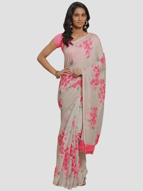 Saree Mall Grey Floral Saree With Unstitched Blouse Price in India