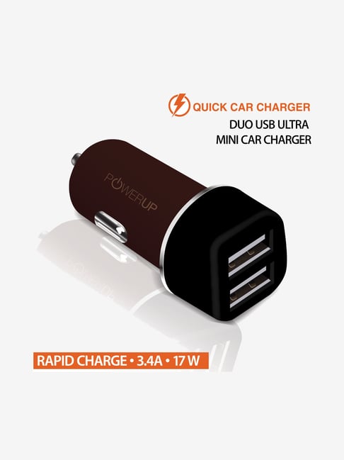 Powerup Stay Charged Car Charger Fast Charging Dual USB Ports 3.4Amp for Mobile Brown
