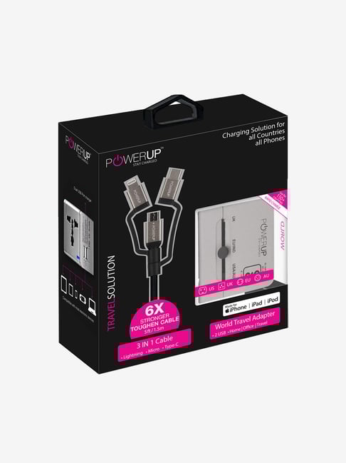 Powerup Mobile Charger Combo Kit Adapter with Cable for All Mobiles Tablets Silver/Black